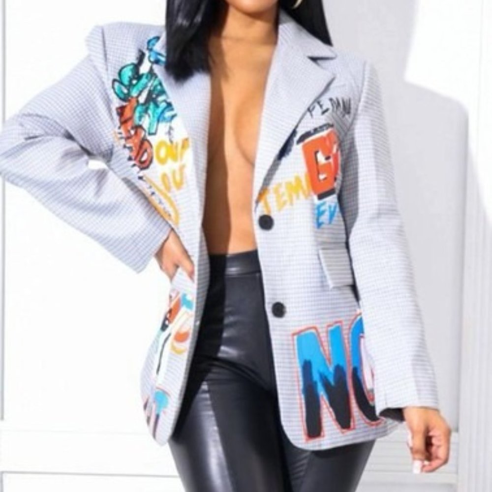 Plaid Graffiti hand painted Blazer - Gray Color